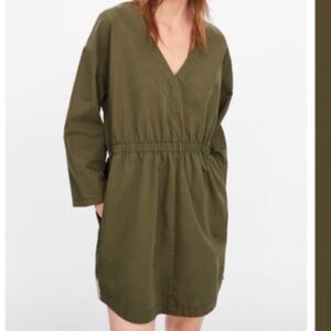 Zara Olive Green V-Neck Long Sleeve Mini Tunic Dress Size Medium